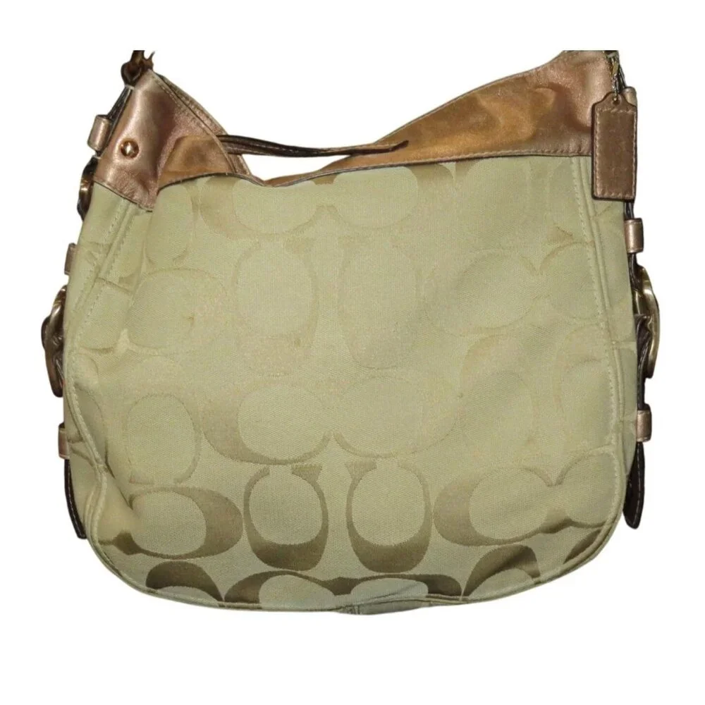 Coach 09 Zoe Signature Canvas Jacquard Khaki & HTF Rose Gold Hobo Handbag 12674